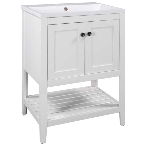 Logmey 24 in. W x 18 in. D x 33.6 in. H Single Sink Freestanding Bath Vanity in White with White Ceramic Top, Basin and Shelf