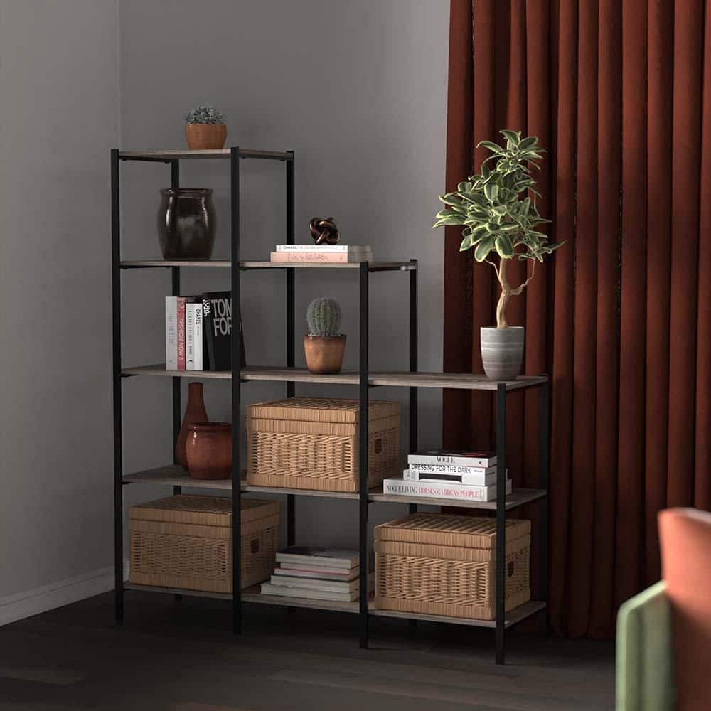 Weathered Gray 5-Tier Ladder Bookcase with Black Metal Frame