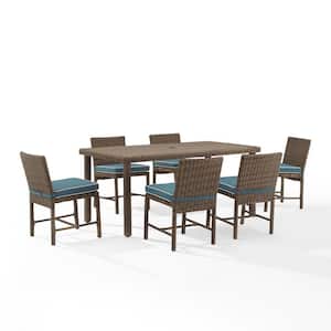 Bradenton Weathered Brown 7-Piece Wicker Rectangular Outdoor Dining Set with Navy Cushions