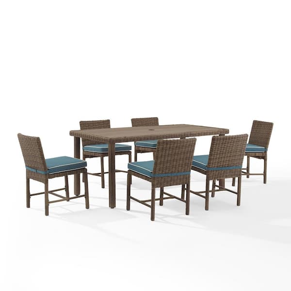 CROSLEY FURNITURE Bradenton Weathered Brown 7-Piece Wicker Rectangular Outdoor Dining Set with Navy Cushions