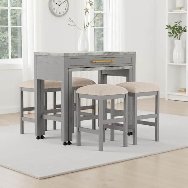 Helly 5-Piece Rectangular White, Gray, Beige and Bronze Faux Marble Counter Height Dining Set Seats-4