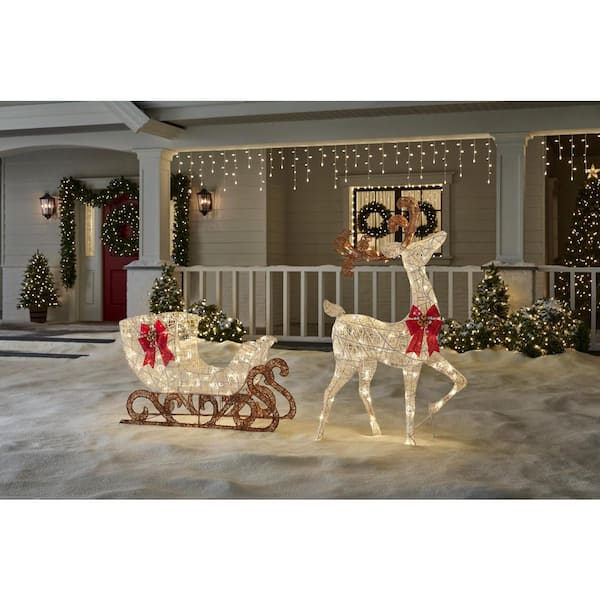 58” LIFESIZE CHRISTMAS REINDEER 2024 & SANTA SLEIGH LED LIGHTED YARD DECOR