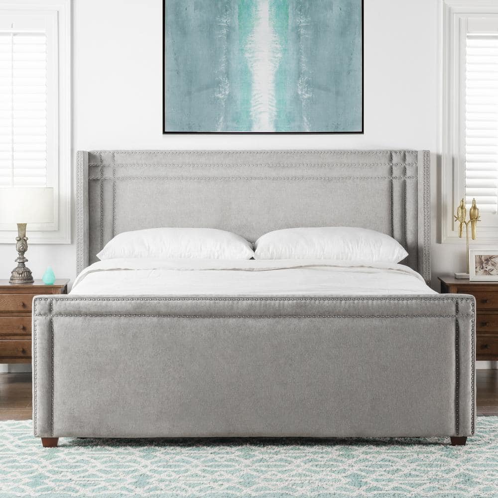 Elegant Silver Grey King Wingback Bed with Nailhead Trim and Pine Frame
