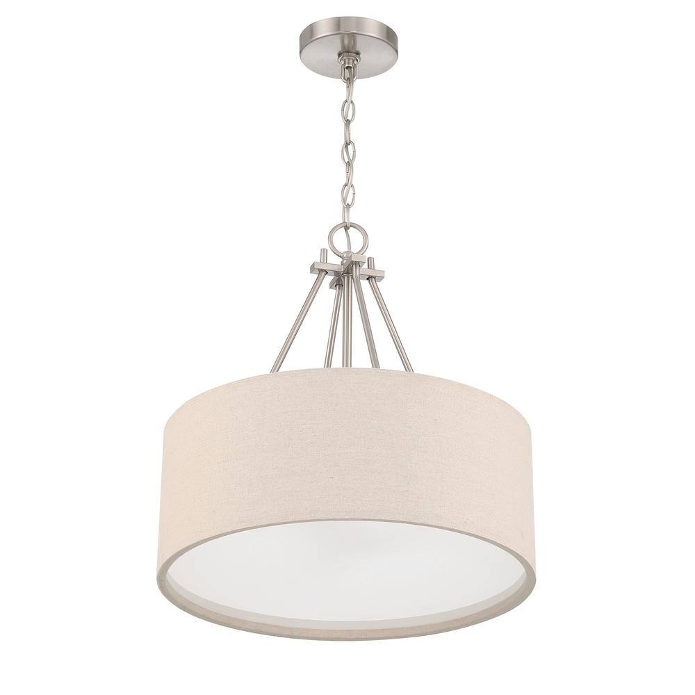 Brushed Nickel 3-Light Pendant with Beige Fabric Shade