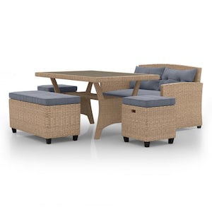 Valo Natural 5-Piece Wicker Outdoor Dining Set with Gray Cushions