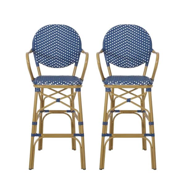 Navy Blue Metal Outdoor Bar Stool (2-Pack) Bamboo Print Finish ZN