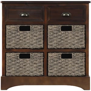 28.00 in. W x 11.80 in. D x 28.00 in. H Espresso Brown Linen Cabinet with Two Drawers and Four Classic Rattan Basket