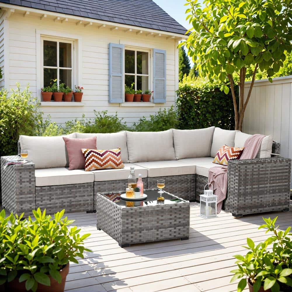 XIZZI Beatrice 6 Piece Wicker Outdoor Sectional Set with Beige Cushions KFS606 BE The Home Depot