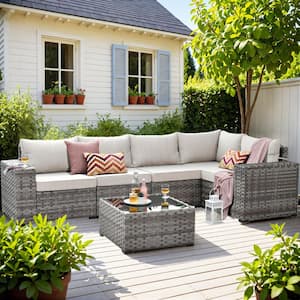 Beatrice 6-Piece Wicker Outdoor Sectional Set with Beige Cushions