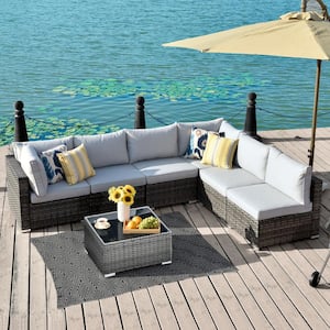 Arctic 7-Piece Wicker Outdoor Sectional Set with Light Gray Cushions