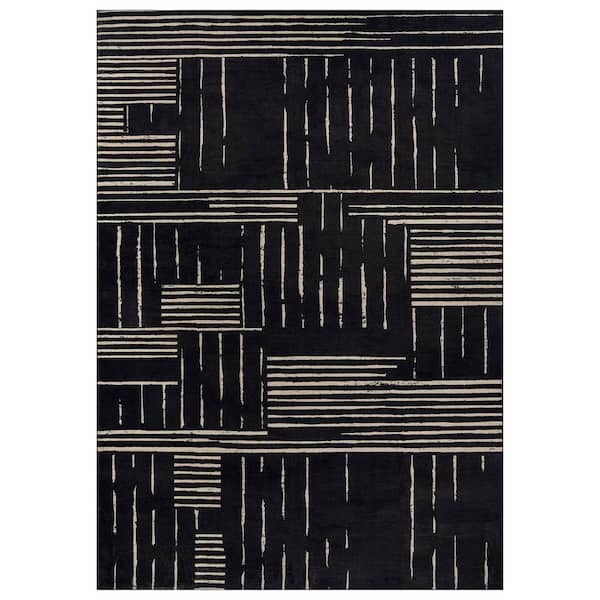 Block Stripe Black Machine Washable Non-Slip Backing Area Rug 5' x 7' Black