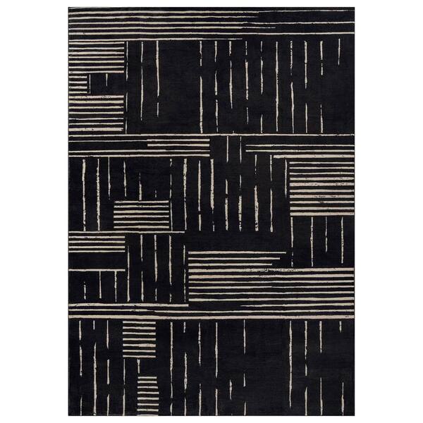 Block Stripe Black Machine Washable Non-Slip Backing Area Rug 8' x 10' Black