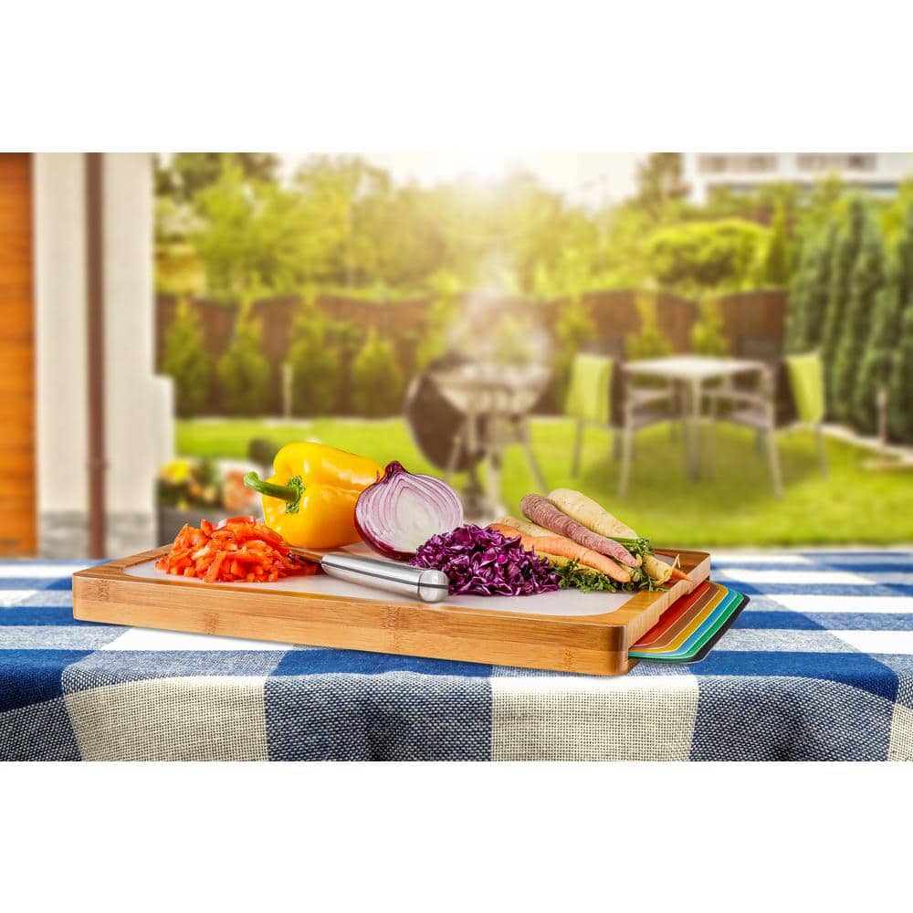 Bamboo Cutting Board with Color-Coded Flexible Mats Set