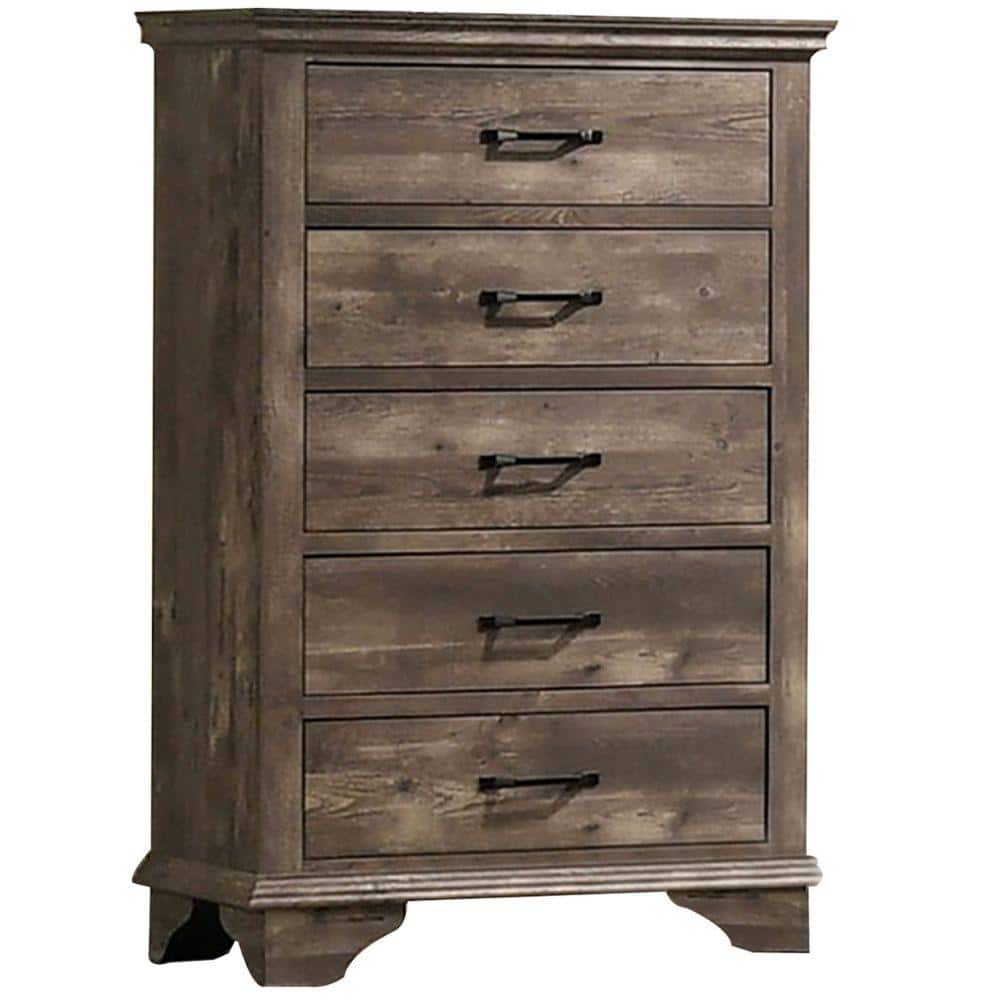 Benjara 16.38 in. Gray 5Drawer Wooden Tall Dresser Chest of Drawers