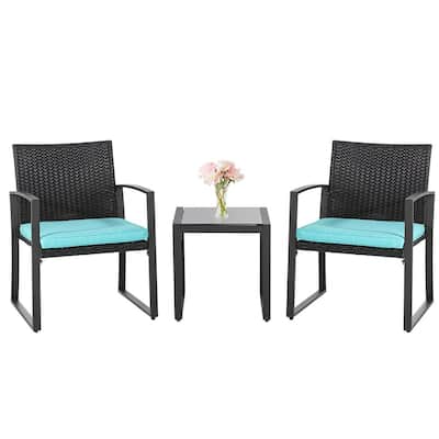 3-Piece Rattan Wicker Patio Conversation Bistro Furniture Set 2 Chairs, Glass Side Table with Blue Cushions