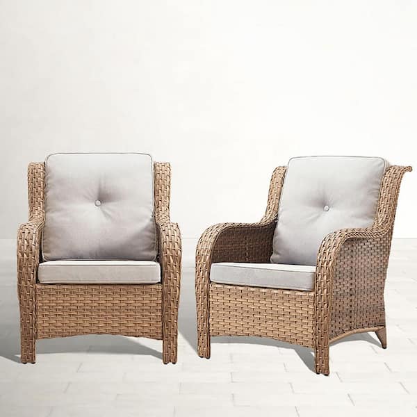 ArcoBay Metal and Yellow Wicker Outdoor Lounge Chair with Olefin Beige Cushions (2-Pack)