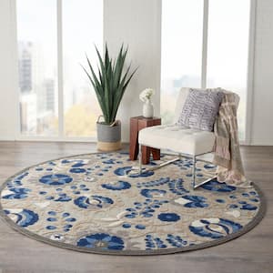 Aloha Blue 8 ft. x 8 ft. Round Floral Modern Indoor/Outdoor Patio Area Rug