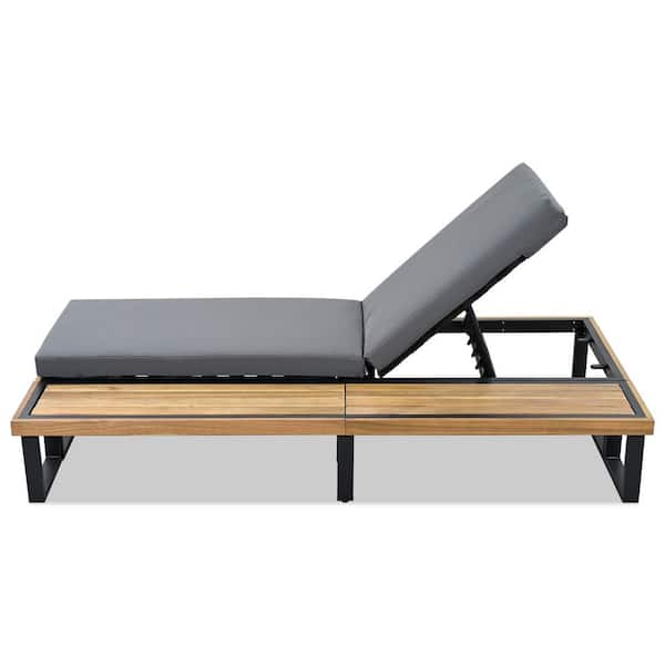 Sudzendf Wood Outdoor Chaise Lounge Chair with Gray Cushions, 5-Position Adjustable Backrest and with Wood Side Table