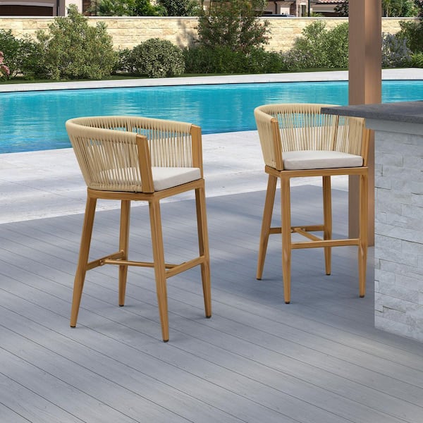 Modern Wicker Bar Height Outdoor Bar Stools with Beige Cushions for Outdoor or Kitchen Backyard, Teak(2 pack)