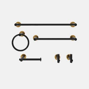 6 -Piece Bath Hardware Set with 2 Towel Bars/Racks, Toilet Paper Holder, 2 Towel/Robe Hooks, Towel Ring in Black Gold