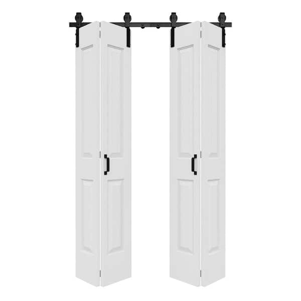 48 in. x 84 in. Paneled 4-Lite White Primed Hollow Core MDF Composite Bi-fold Door with Bifold Barn Door Hardware