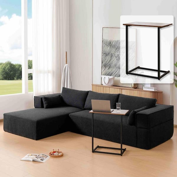 112 in. Square Arm Fabric Sectional Sofa with Free Side Table, Wide Seat in. Black
