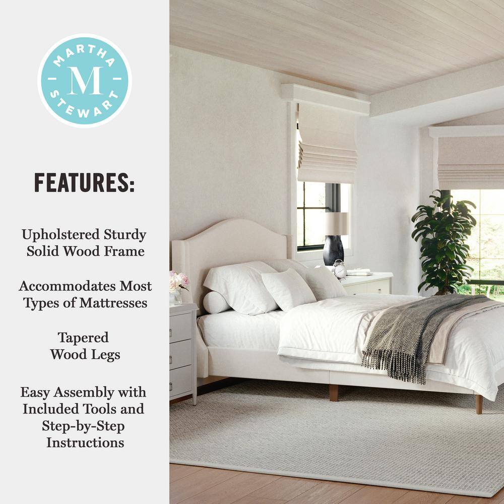 Full Beige Linen Upholstered Platform Bed with Walnut Legs
