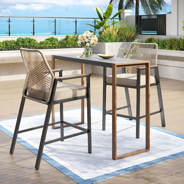 Black 3-Piece Metal Bar Height Outdoor Dining Set with Rectangle Table and Woven Rope Bar Stools with Beige Cushions