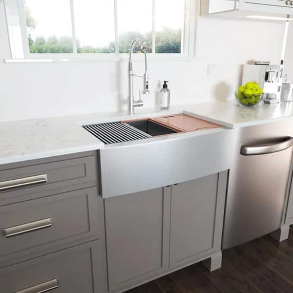 Stainless Steel 33 in. 16 Gauge Deep Single Bowl Ledge Workstation Farmhouse Apron Front Kitchen Sink with Accessories