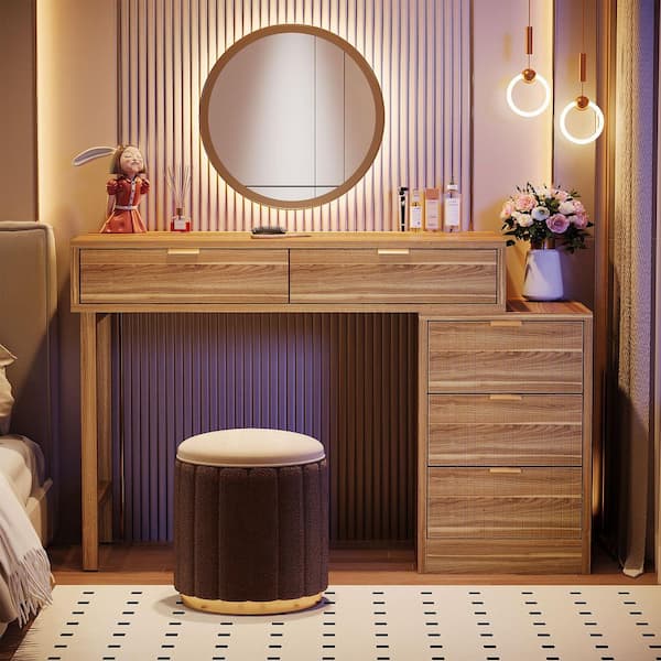 Vintage Walnut Brown Dressing Makeup Vanity Desk with 5-Drawers for Bedroom, Living Room