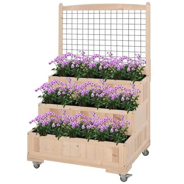 Unbranded 31 in. x 24 in. x 53 in. Natural Wood Beige 3-Tiers Raised Garden Bed with Trellis, Planter Box with Wheels Storage