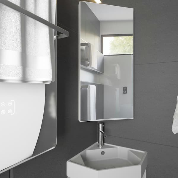 12.8 in. W x 24.2 in. H Rectangular Single Door Corner Surface Mount Frameless Medicine Cabinet with Mirror in White