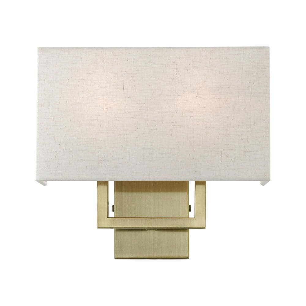 Antique Brass 2-Light Sconce with Oatmeal Fabric Shade
