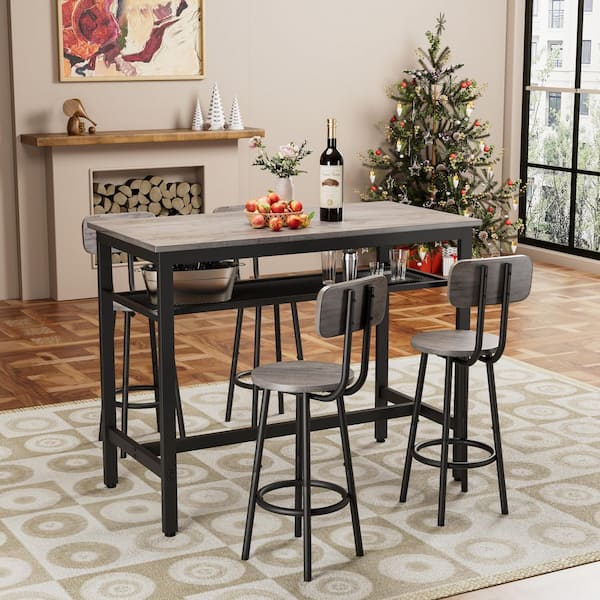 5-Piece Wood Rectangle Indoor Outdoor Bistro Set Dining Set with Backrest and Partitions