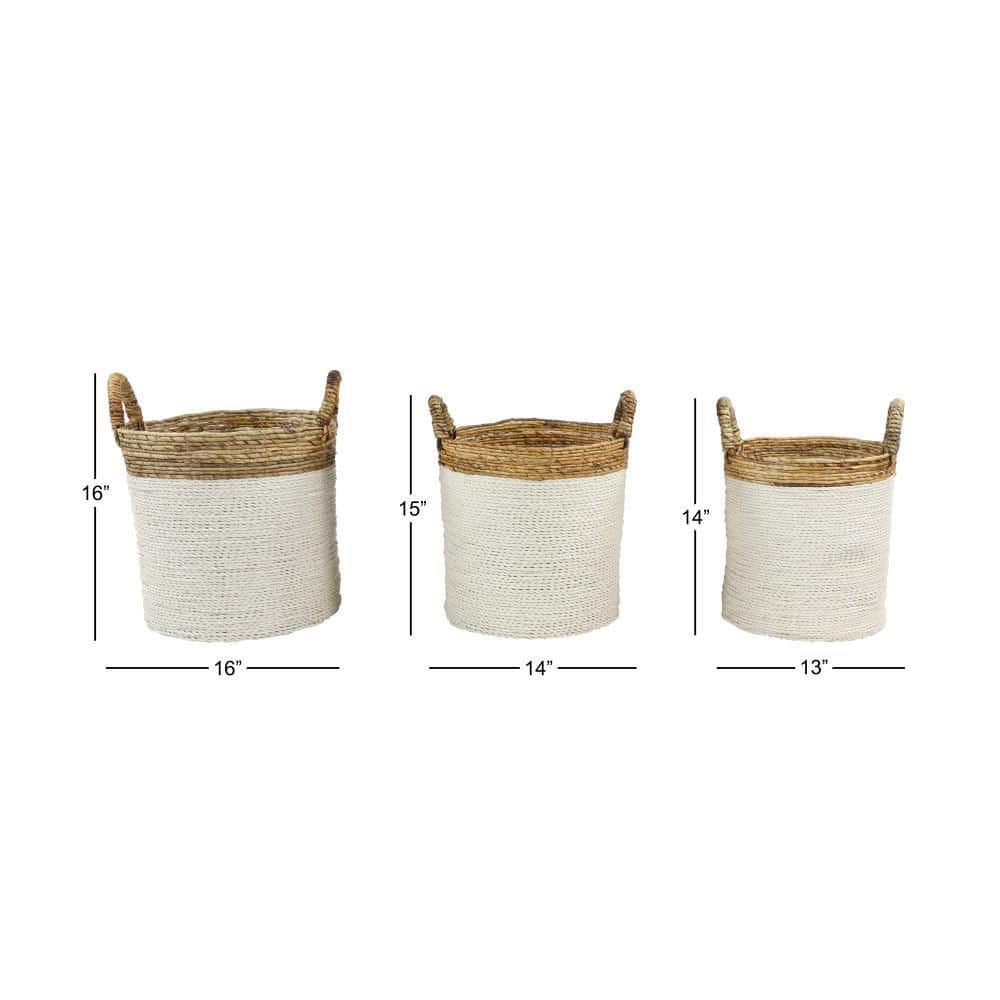 Handwoven White and Natural Seagrass Round Storage Baskets, Set of 3