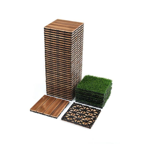 FIROMO 12 in. x 12 in. Plastic DIY Wood/Simulated Lawn Interlocking Deck Tiles, Outdoor Patio/Pool All-Weather Floor (44-Pack)