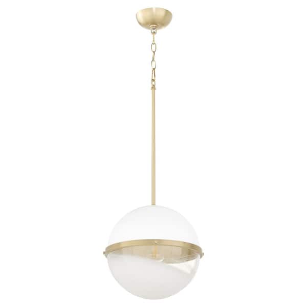 12 in. 1-Light 60-Watt Pendant Light with Milky Glass Sphere Studio White/ Aged Brass