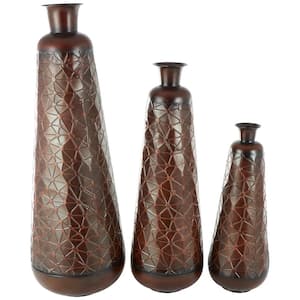 Dark Brown Tall Teardrop Shaped Metal Decorative Vase with Hammered Texture (Set of 3)