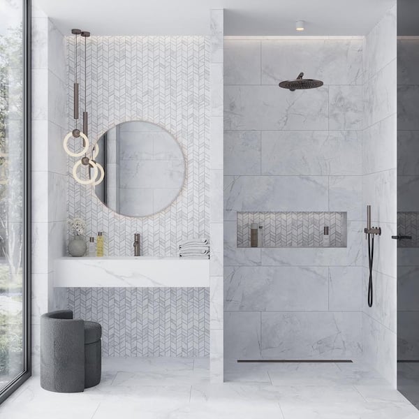 Strata 10 in. x 12 in. Matte Dove-Gray, White Porcelain Mosaic Chevron Wall and Floor Tile (9.88 sq. ft./Case) - 11 Pack