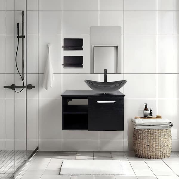 Puluomis 28 in. W x 19 in. D x 28 in. H Single Sink Bath Vanity in Black with Black Solid Surface Top and Mirror and Sink