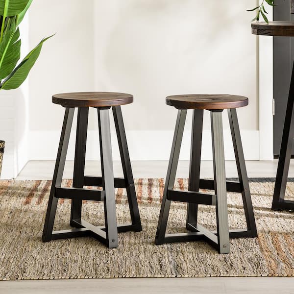 Walker Edison Furniture Company 24 in. Mahogany/Black Backless Solid Wood Frame Rustic Counter Height Bar Stool, Set of 2
