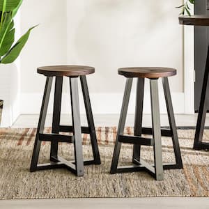 24 in. Mahogany/Black Backless Solid Wood Frame Rustic Counter Height Bar Stool, Set of 2