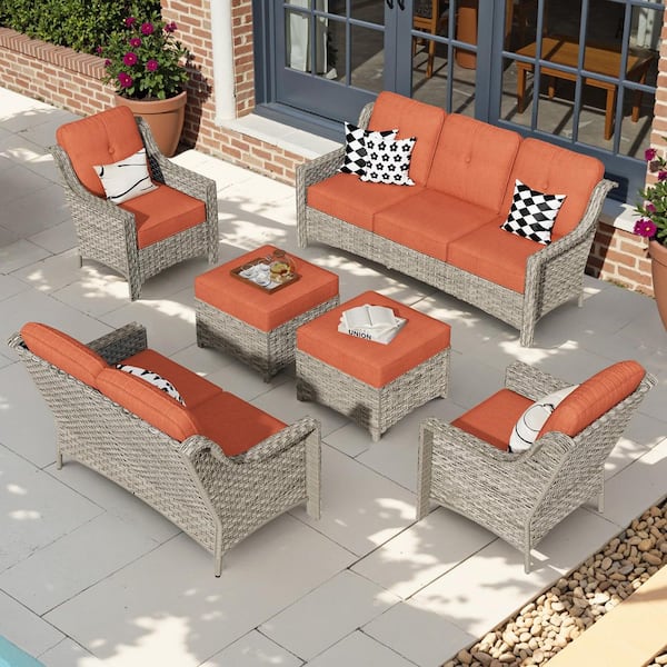 Tulip G Gray 6-Piece Wicker Patio Outdoor Conversation Sofa Set with Ottoman and Red Cushions