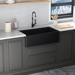 Matte Black Fireclay 33 in. Single Bowl Farmhouse Apron Workstation Kitchen Sink with Bottom Grid and Strainer