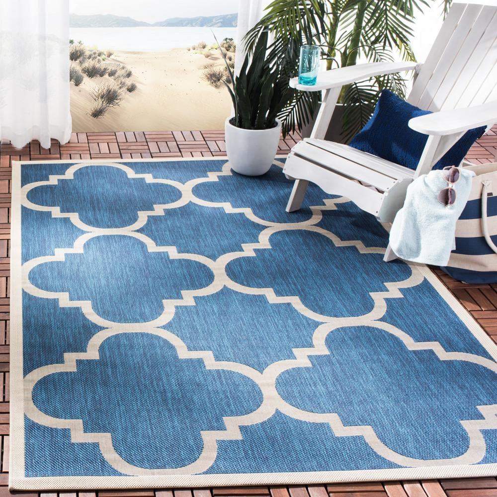 Navy and Beige Synthetic Rectangular Indoor/Outdoor Rug