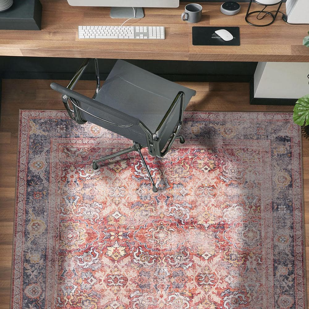Vintage Red and Blue Synthetic 8' x 10' Washable Area Rug