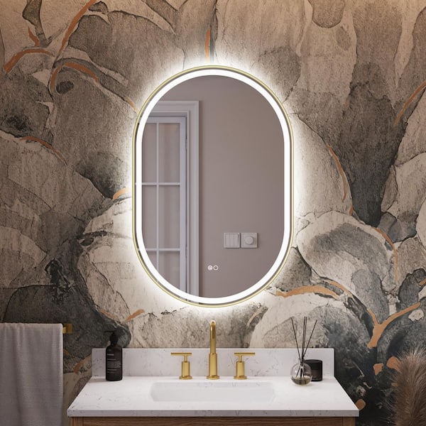 24 in. W x 36 in. H Oval Framed LED Dimmable Anti-Fog Wall Bathroom Vanity Mirror in Brushed Gold, IP54