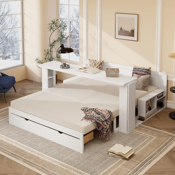 White Queen Size Daybed Convertible Platform bed with Removable Desk, Storage Drawer, Hydraulic Side Table