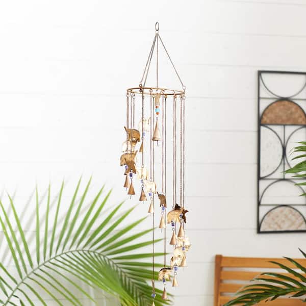 Litton Lane 36 in. Brass Metal Elephant Windchime with Beads and Cone Bells