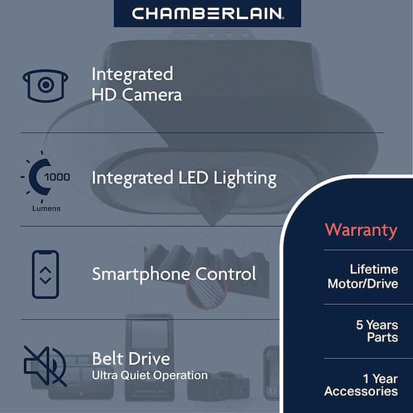 Secure View 3/4 HP LED Quiet Belt Drive Smart Garage Door Opener with Integrated Security Camera